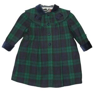 VTG Braeton Kids Plaid Wool Coat Girls 4T Velvet Collar & Bows Heirloom Classic